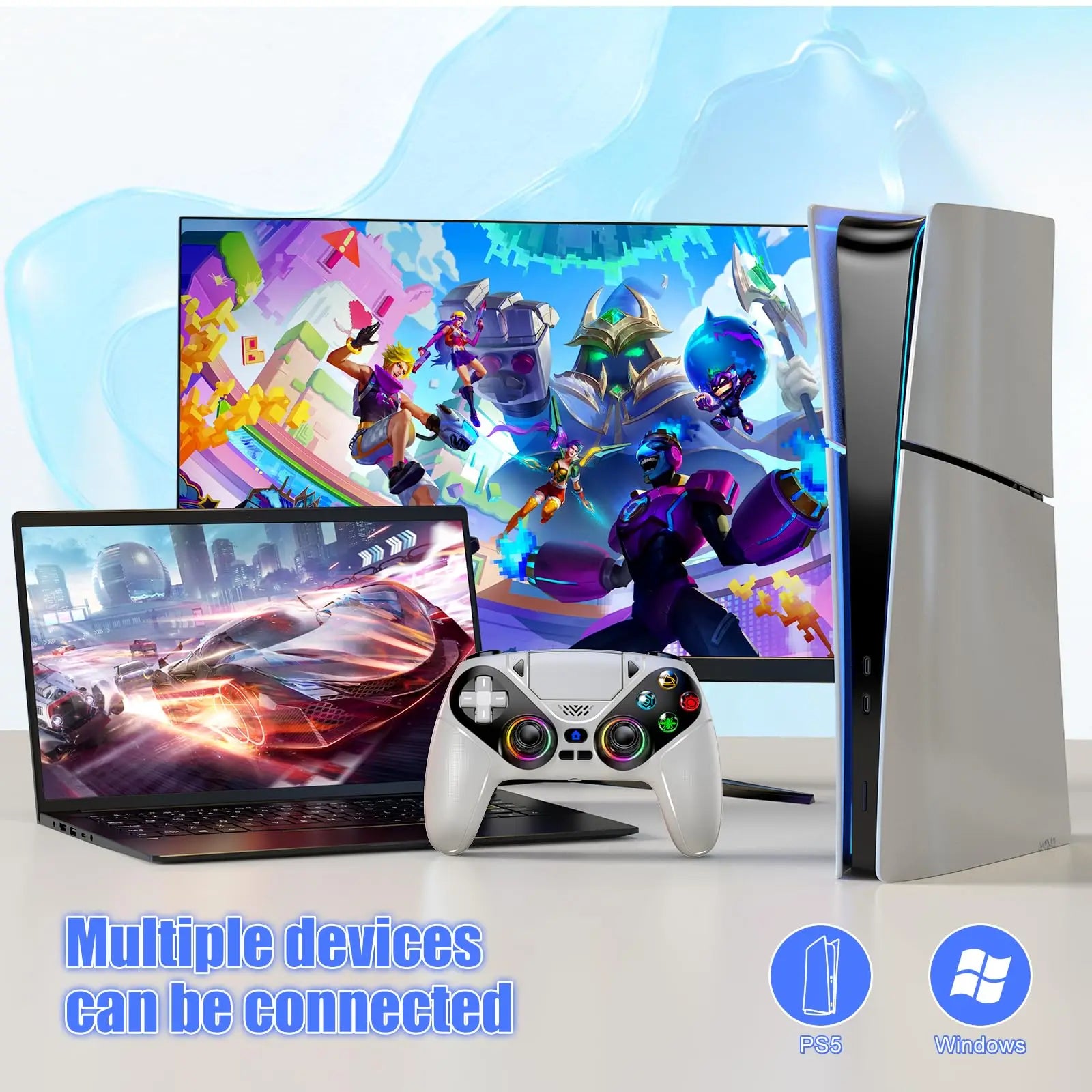 RGB Lights Wireless Controller For PS5/Playstation 5 Pro/Slim/PC Console Gamepads W/ Hall Effect Turbo Vibration Game Joystick
