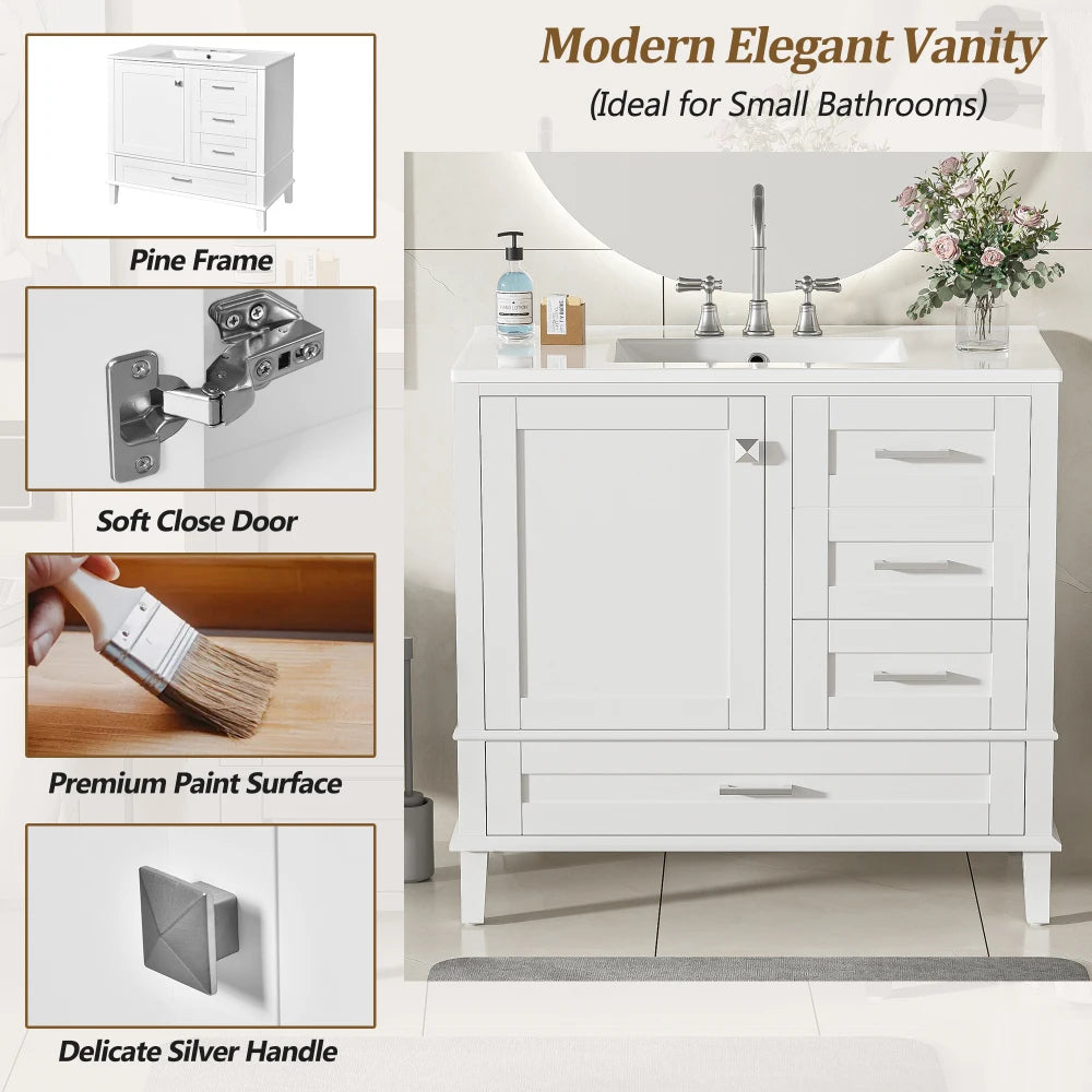 36" White Bathroom Vanity with Solid Pine Frame, 1 Soft Close Door and 3 Drawers , Modern Storage Cabinet