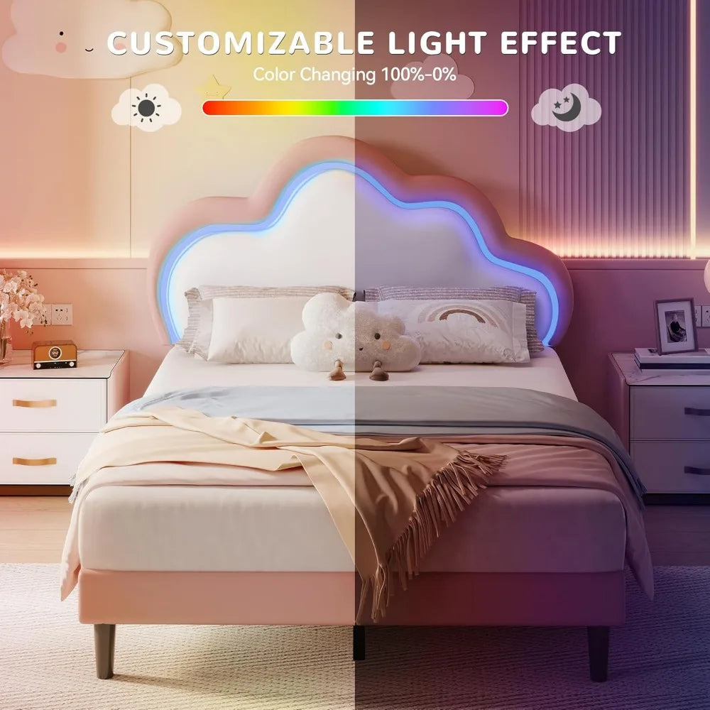 Queen Size Upholstered Bed with LED Smart Features and Adjustable Cloud Headboard, Platform Bed Frame