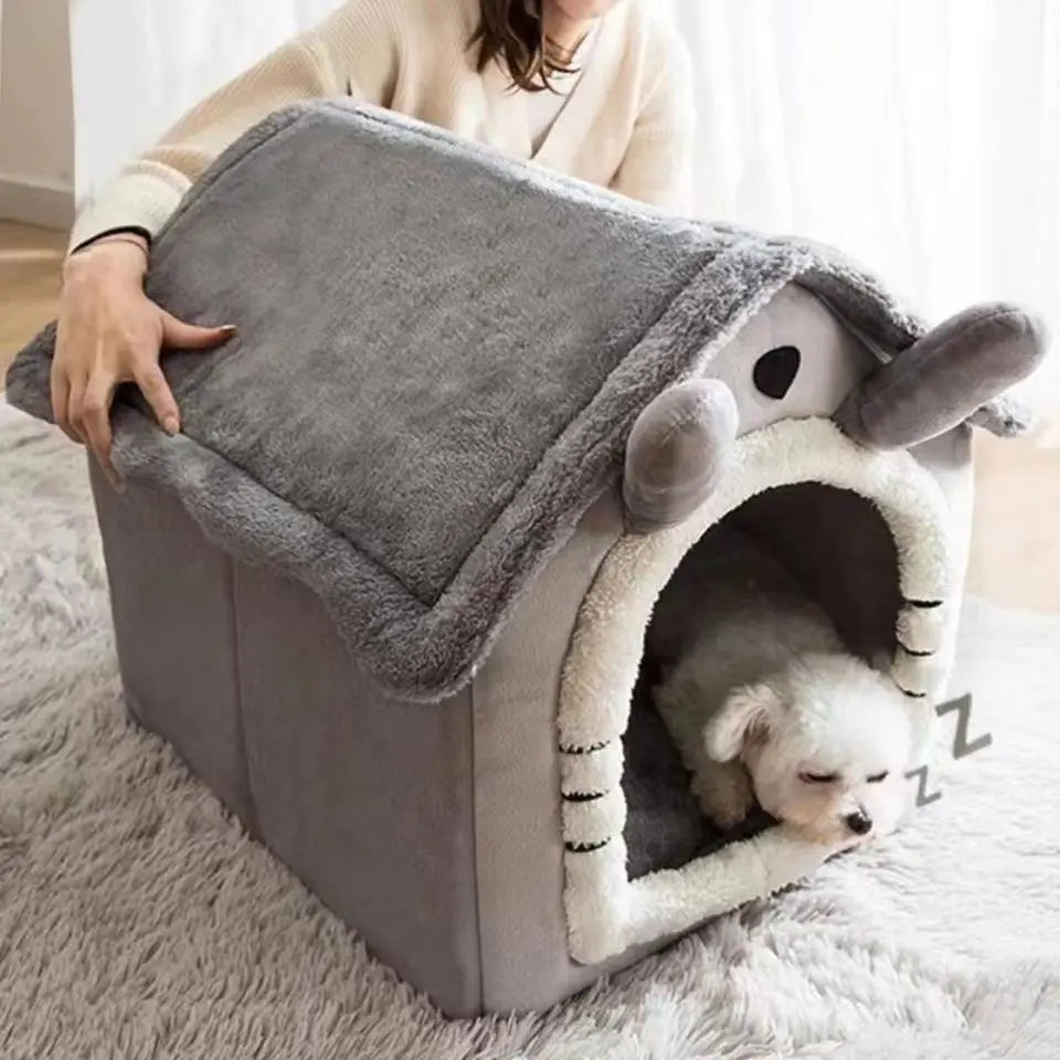Cat Bed Dog House Gray Soft Plush Detachable Semi Enclosed Foldable Warm Cat Villa Pet Nest Four Season Universal Pet Supplies