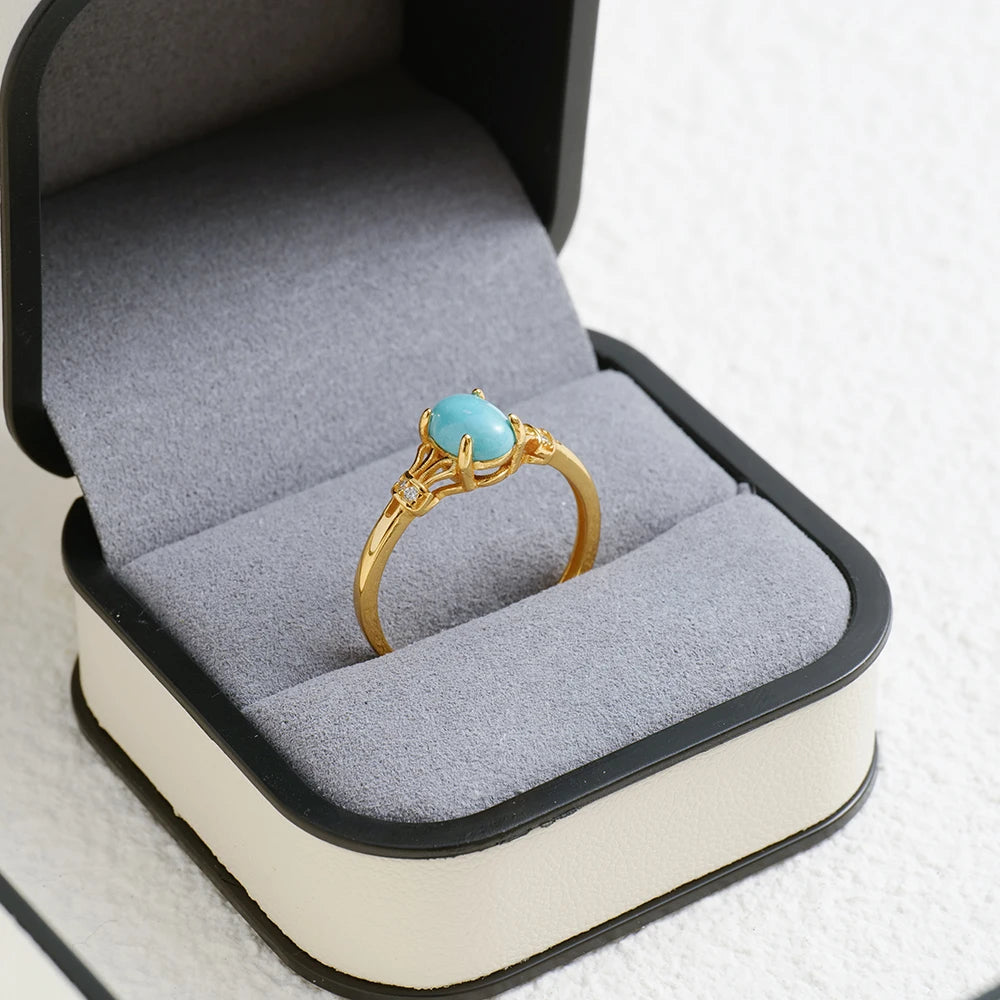 Natürlicher Türkis-Ring, 925er Silber, K vergoldet, verstellbar, stapelbare Bänder, 7 x 5 mm, oval, Dezember-Geburtsstein, Schmuck, Boho-Geschenk