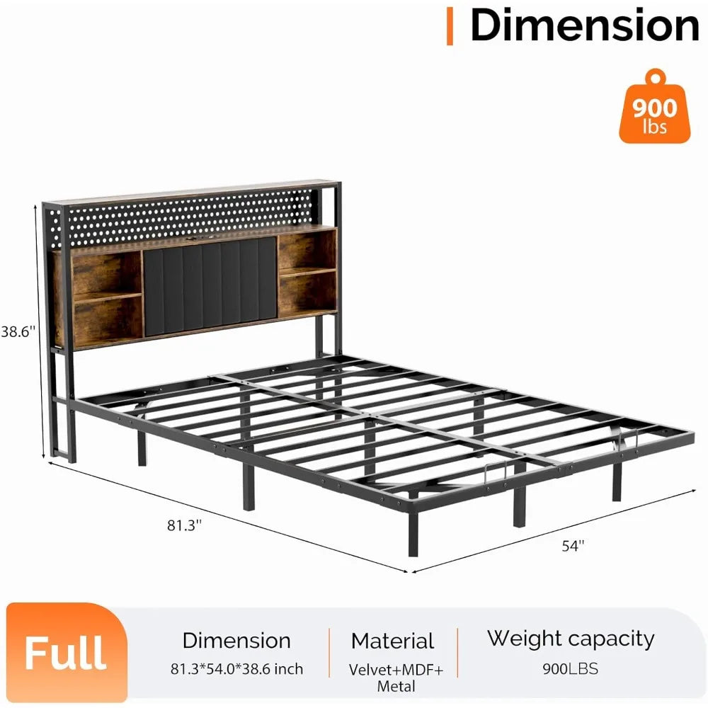 VINGLI Full Size Floating Bed Frame with Headboard, LED Lights & Charging Station, Cozy Velvet Upholstered Headboard, Hidden Sto