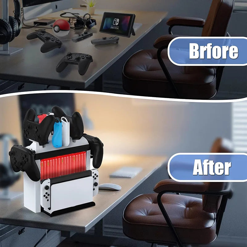 For Switch OLED Multi-function Storage Bracket Gamepad Charger Base NS Host Disc Storage Rack Can Store Game Cards