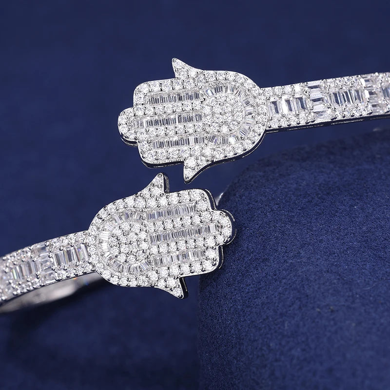 Iced Out Moissanite Hamsa Hand Opening Bracelet For Women Men 925 Sterling Silver Bangle Jewelry Luxury Gift Passed Diamond Test
