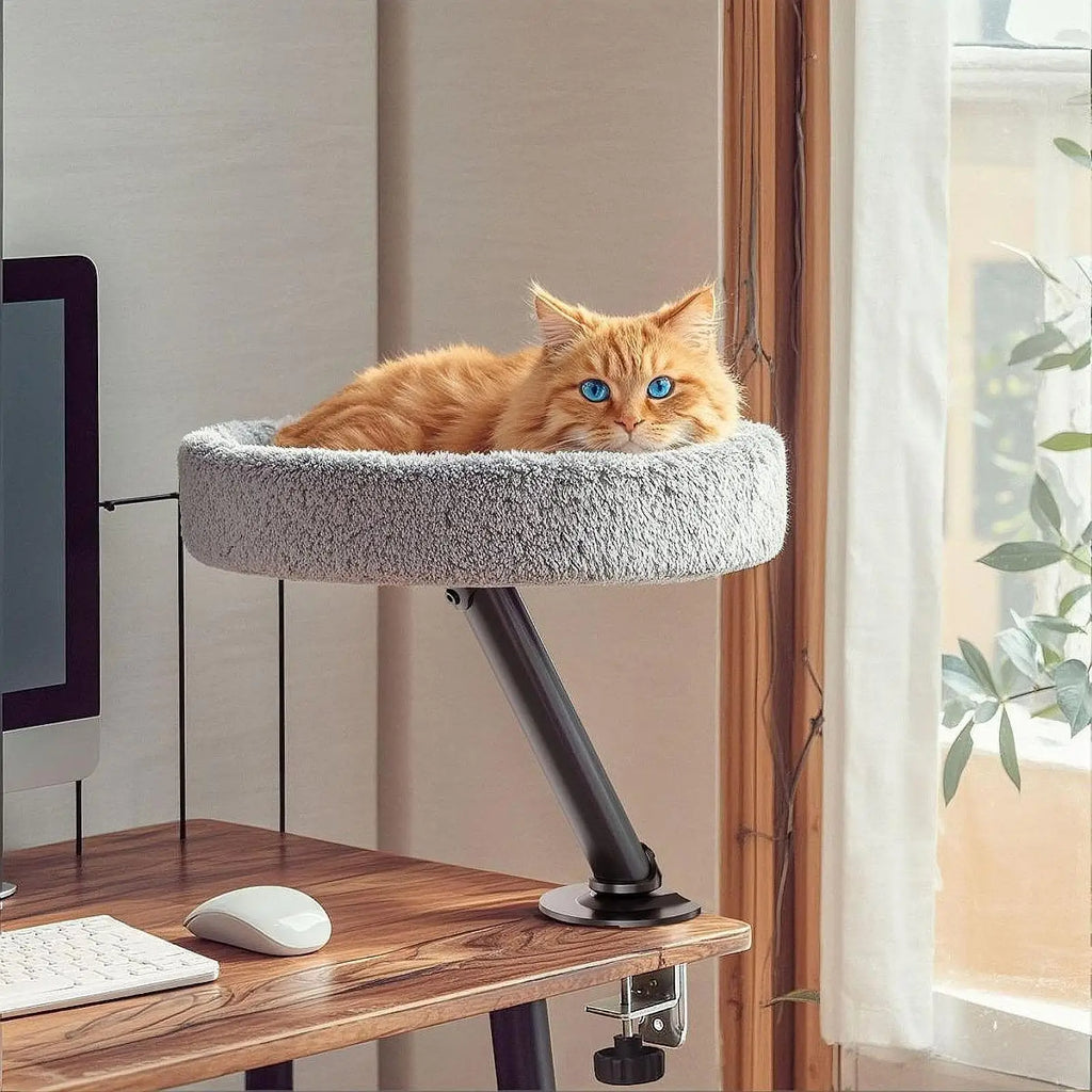 Cat Desk Bed Cat Hammock Elevated Round Sturdy Bed 360° Rotation Cat Nest Kitten Furniture for Home Office Clamping Table