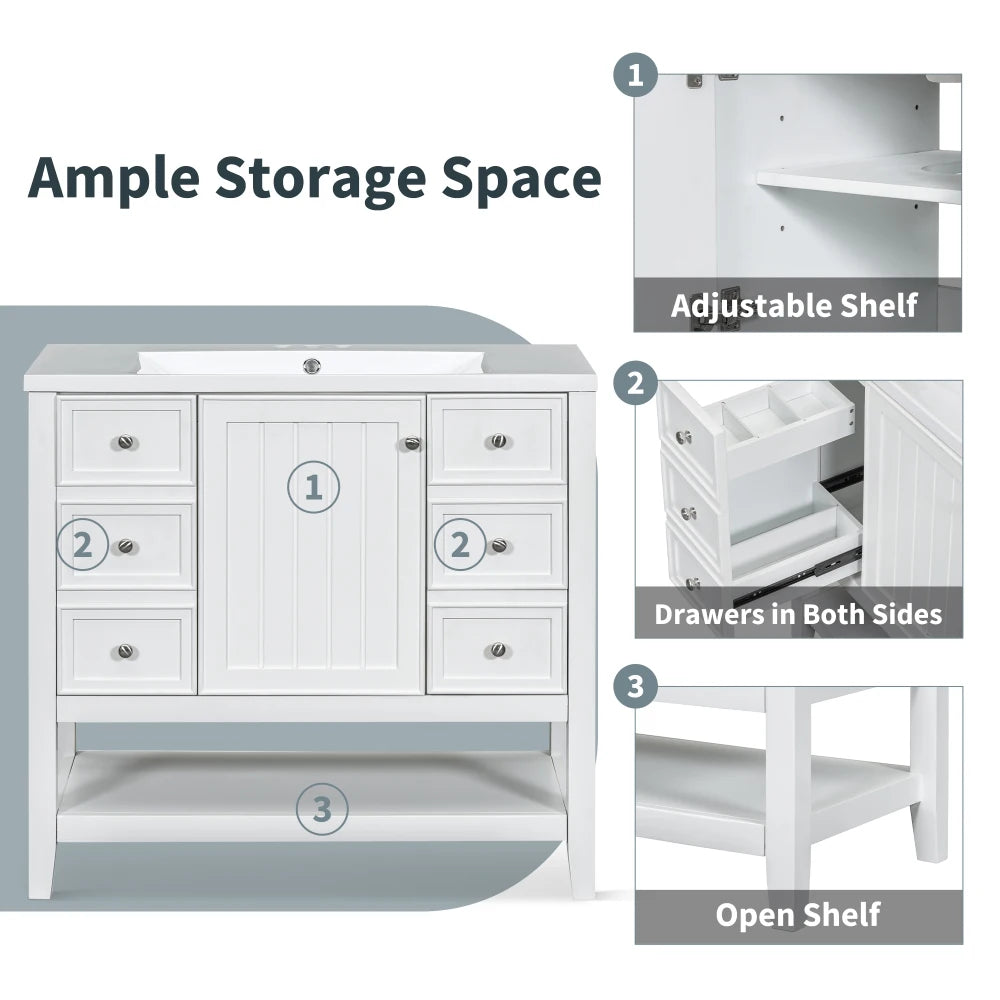 36" Bathroom Vanity with Sink Combo, One Cabinet and Three Drawers, Solid Wood and MDF Board, White