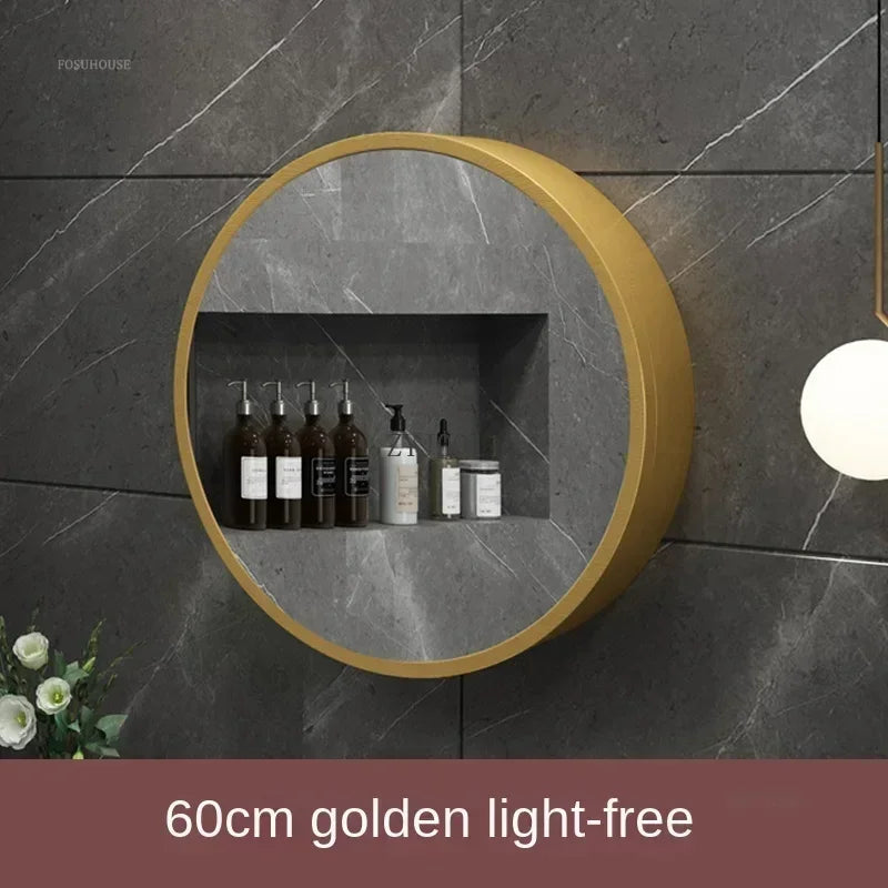 Nordic LED Smart Bathroom Mirror Cabinets Solid Wood Oval Bathroom Wall Hanging Round Vanity Mirrors with Storage Shelf b