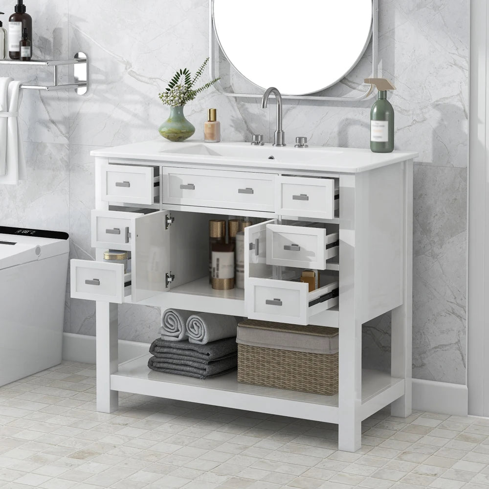36'' Bathroom Vanity with Top Sink, Modern Bathroom Storage Cabinet with 2 Soft Closing Doors and 6 Drawers, Single Sink