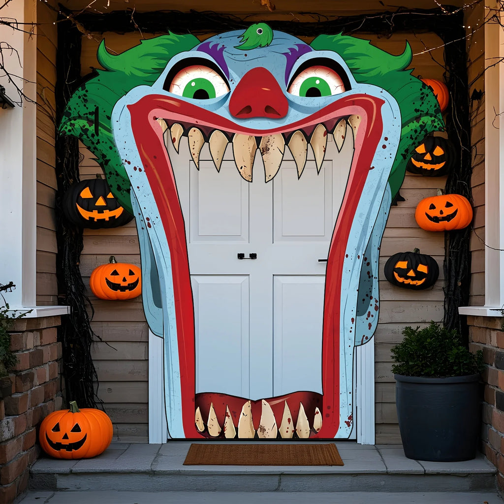 2D Door Banner, Large Horror Halloween Clown Door Decoration - Bloody Knife and Eerie Smile, Suitable for Parties 2026