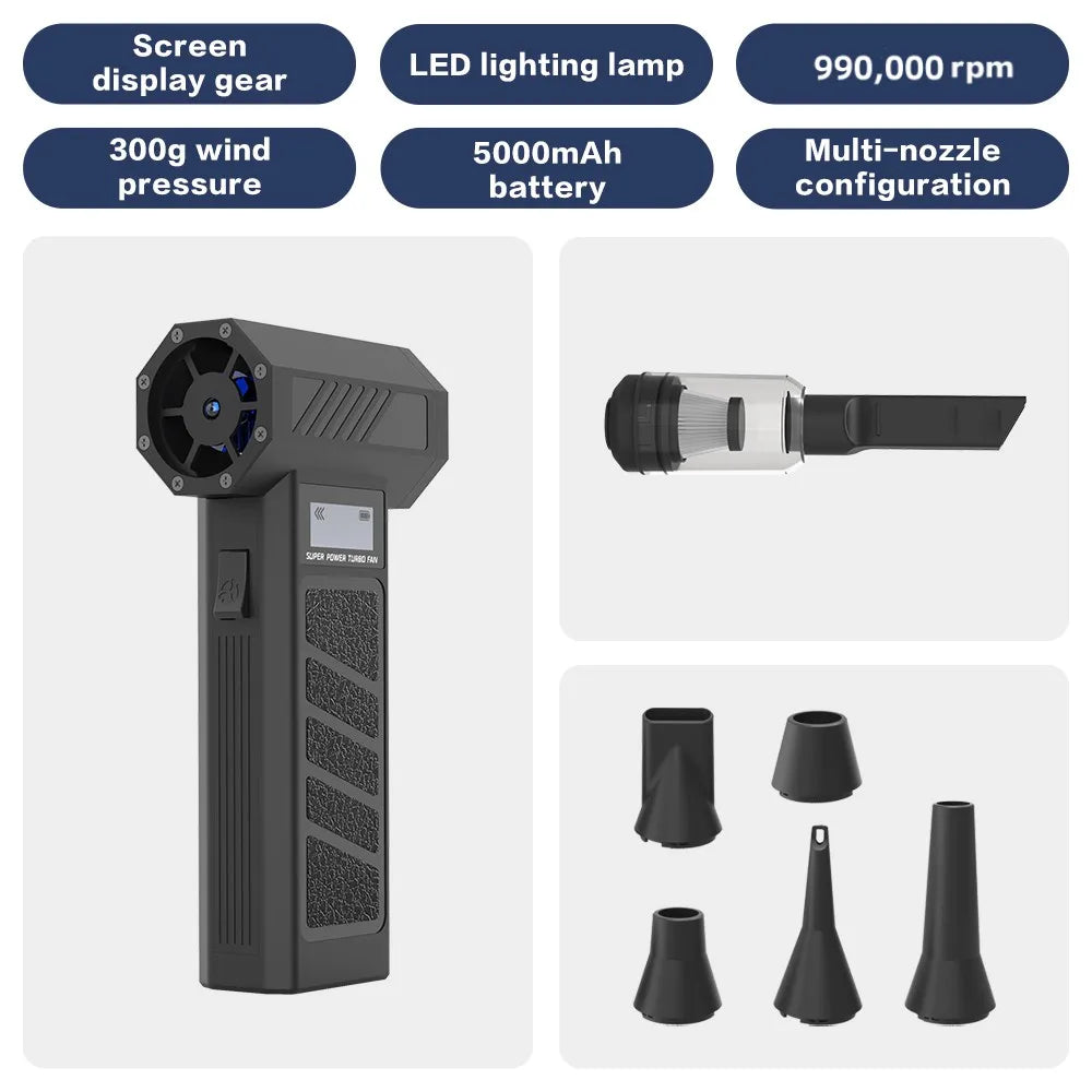 990.000 U/min Hurricane-Staubgebläse Kabelloser Druckluft-Staubwedel Hochgeschwindigkeits-Violent-Ventilator 4-Gang-Turbo-Jet-Gebläse