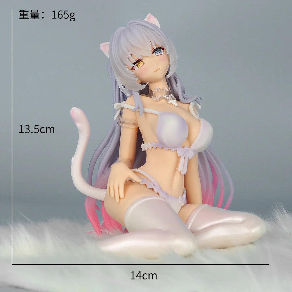 Anime Cat Girl Hanna Figure Original Art White Hair Pajamas Pvc Figurine Desktop Computer Case Decoration Anime Collectors