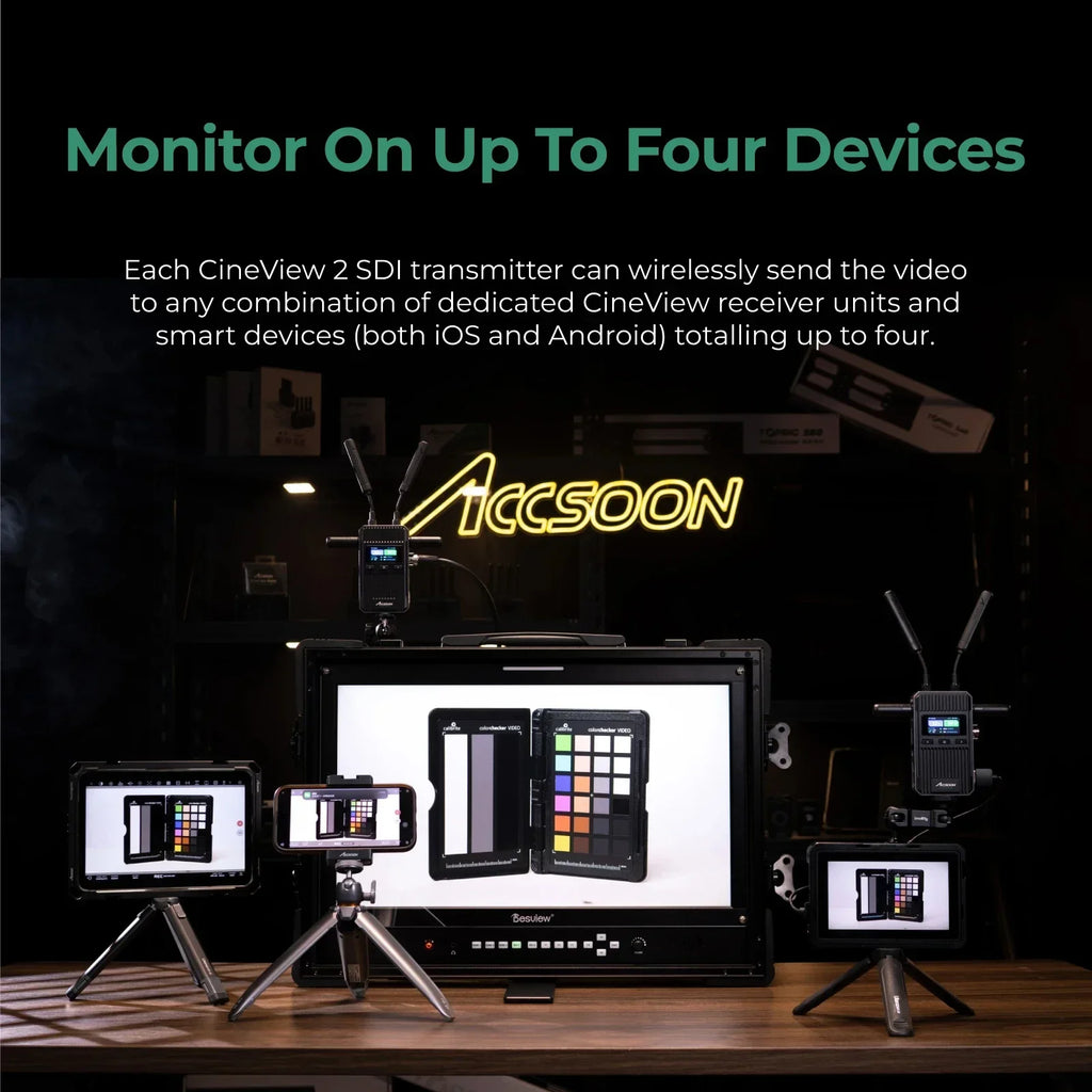 Accsoon Cineview 2 SDI Drahtlose Videoübertragung SDI UVC Livestreaming Bis zu 4 Geräte 450 m Reichweite 0,05 s Latenz Dualband HDMI