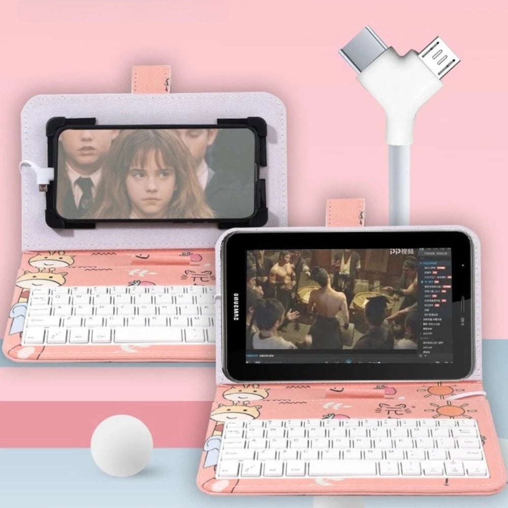 Portable Keyboard Mouse Set Type C & Micro Available PU Leather Shell Phone Holder Bluetooth Mouse Home Work Keyboard