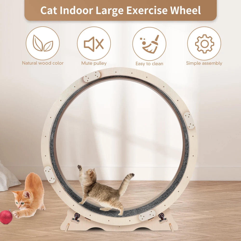 Cat Exercise Wheel For Indoor Cats, Cat Running Wheel With Carpeted Runway, 41" Natural Wood Color