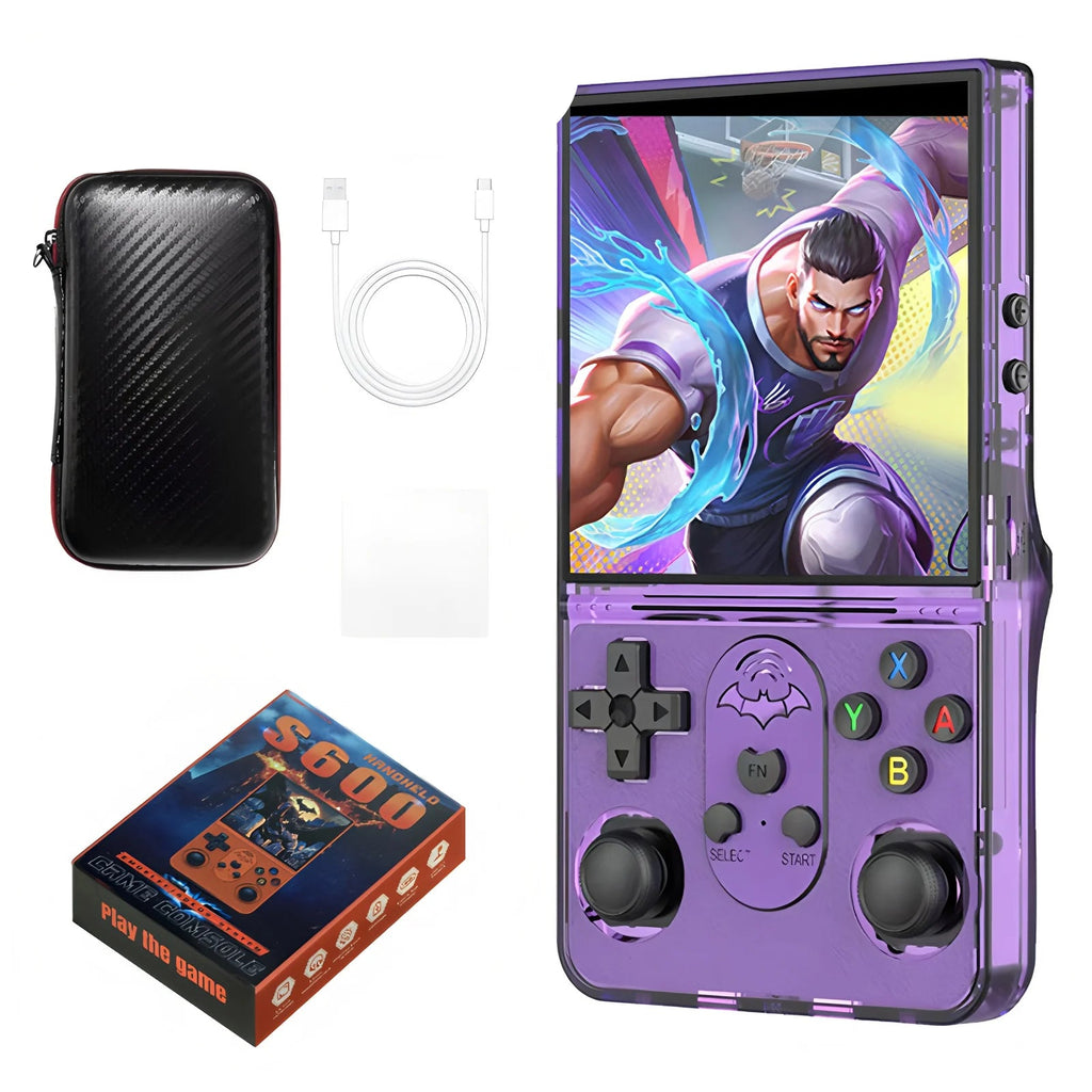 Purple handheld gaming console with accessories including a protective case, charging cable, and film.