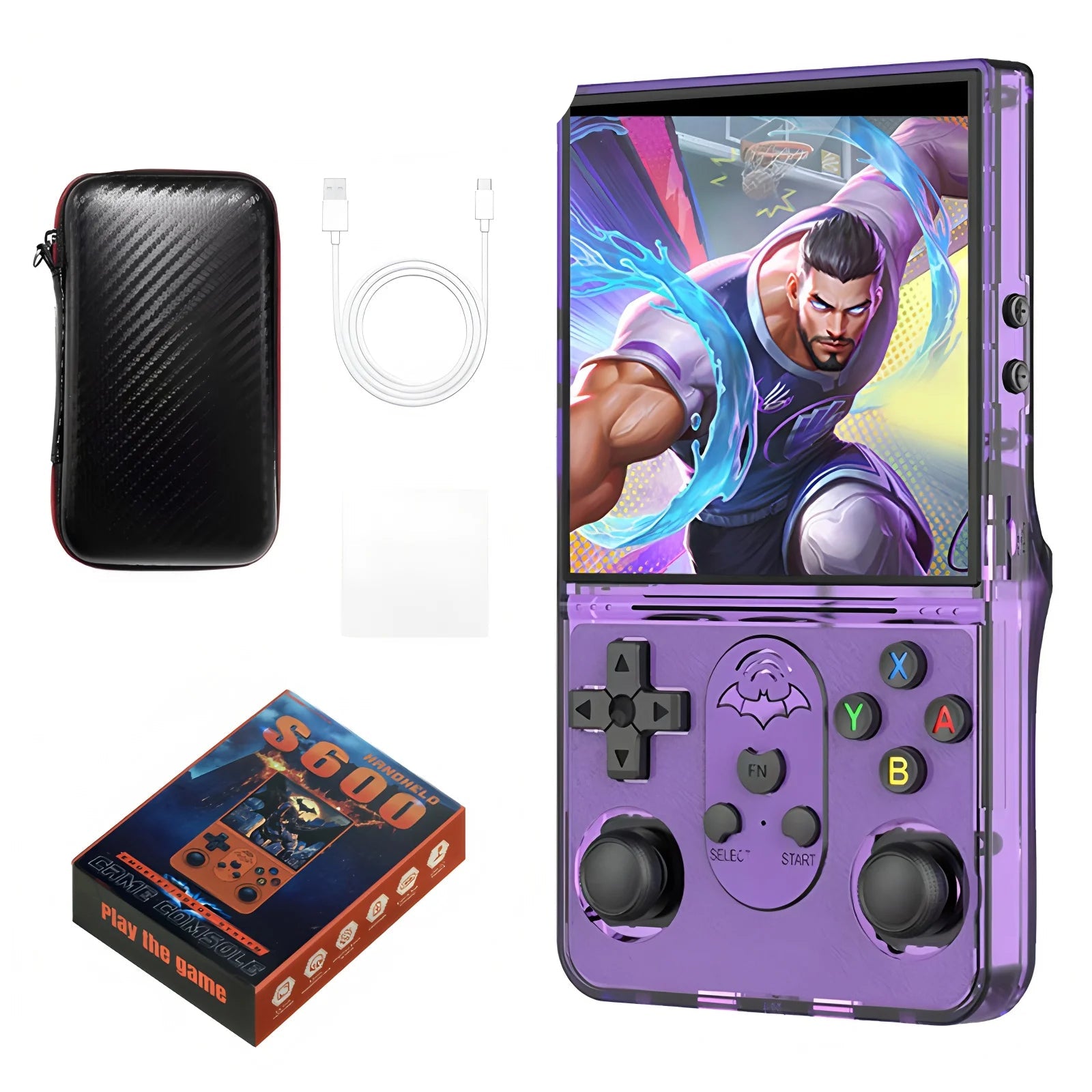 Purple handheld gaming console with accessories including a protective case, charging cable, and film.