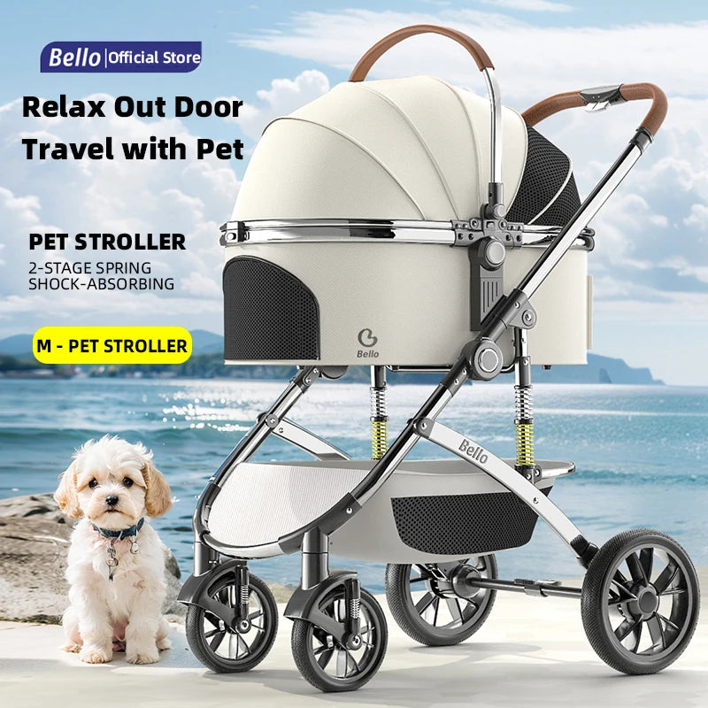 Bello Luxus-Haustier-Kinderwagen, moderner, abnehmbarer mittlerer und großer Wagen, Aluminiumlegierung, Katzen-/Hunde-Parm-PU-Räder