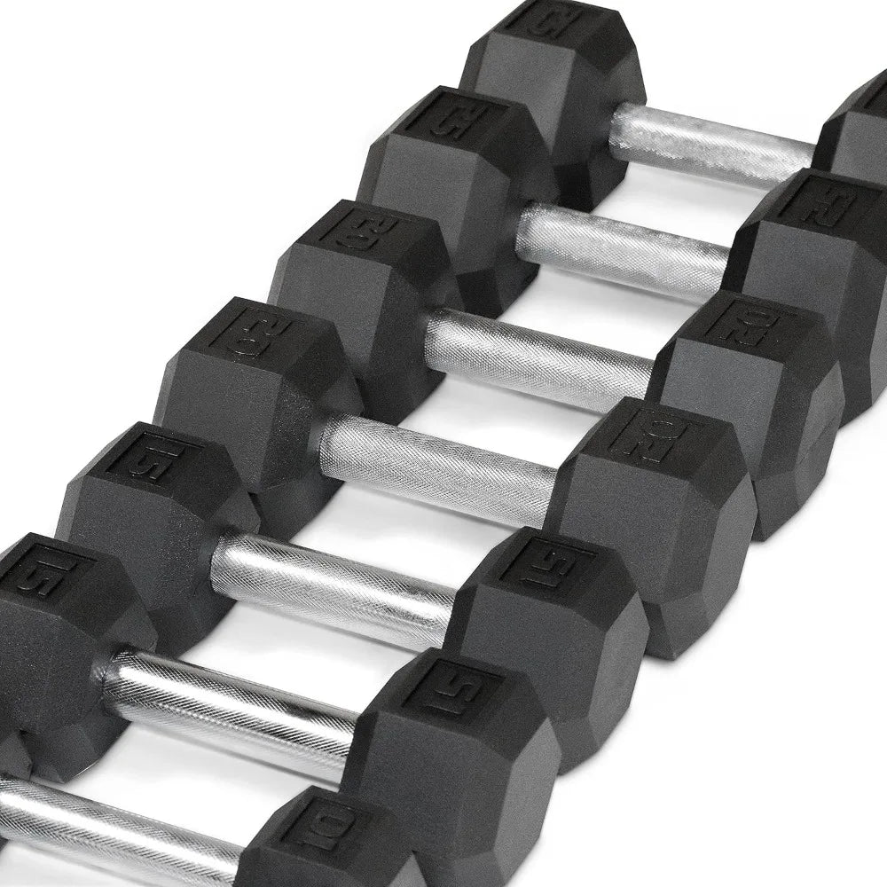 WF Athletic Supply 5 to 25 Pound Rubber-Coated Hex Dumbbell Set with Storage Rack for Muscle Toning and Strength Training