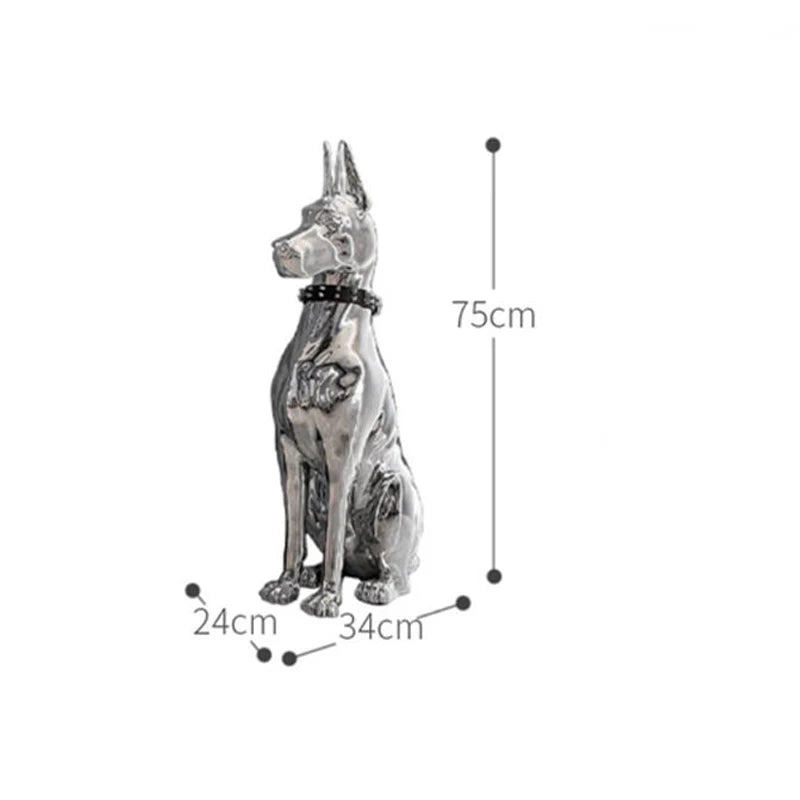 Modern Fashion Interior Resin Animal Sculpture Home Villa Corner Proch Electroplated Silver Doberman Dog Statue