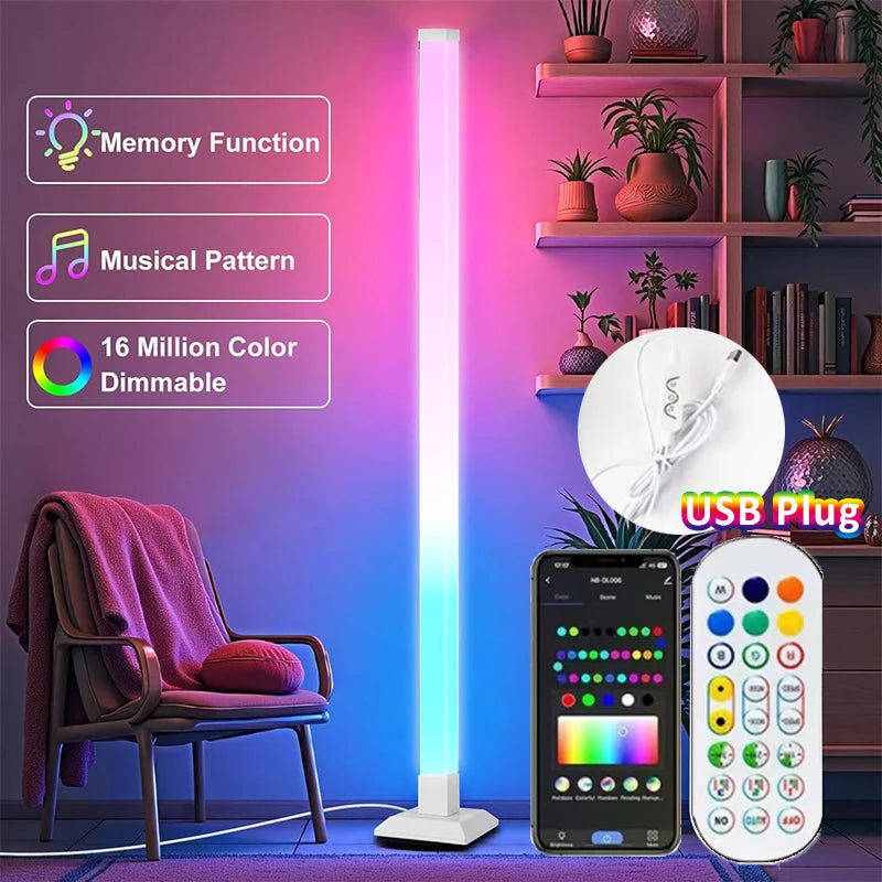 LED Floor Lamp RGBIC Corner Lamps with APP Remote Contorl Multicolour Music Sync Standing PVC Floor Light for LivingRoom Bedroom