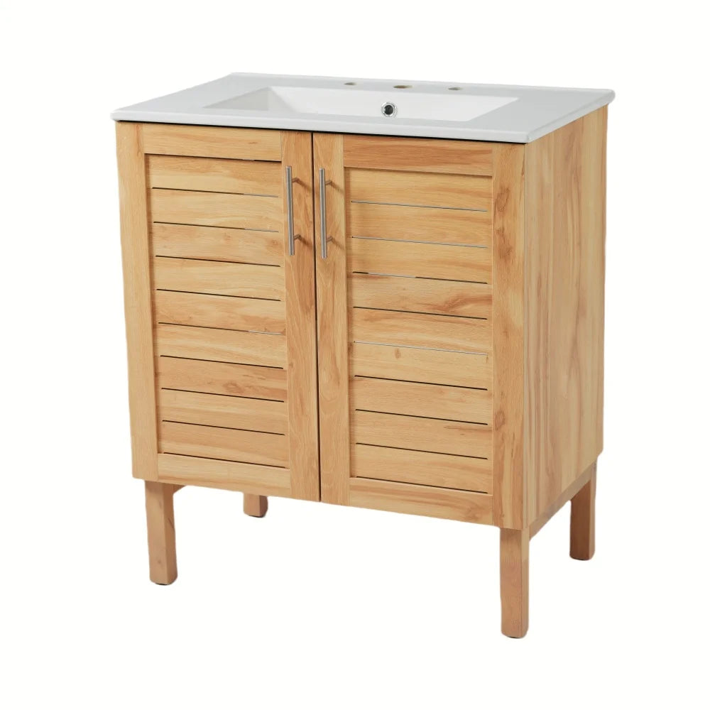 30" Antique Bathroom Vanity with Ceramic Sink, Mid-Century Modern Bathroom Vanity Cabinet with 2 Soft-Close Doors and Large