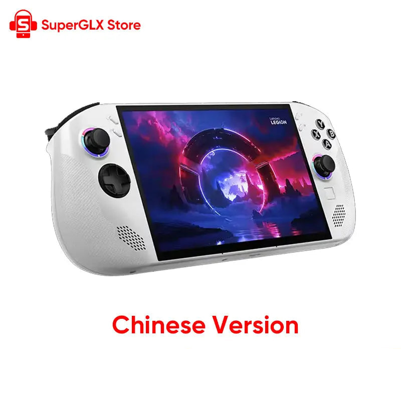 Lenovo Legion Go S handheld gaming device in ice white color with SuperGLX Store branding.