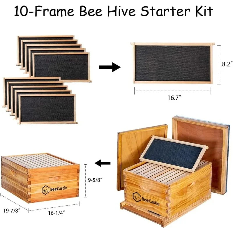 10-Frame Bee Hive Starter Kit with 100% Beeswax Coating - Complete Beekeeping Supplies for Beginners