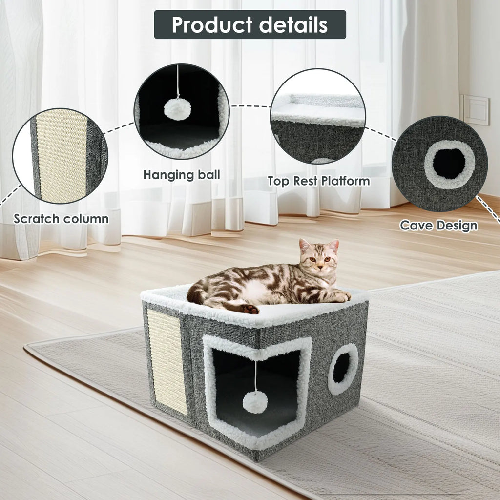 Cat House for Indoor Large Foldable Cat Bed Cave with Ball and Scratch Pad Cozy Kitty Hideaway for Kitten Small Pet Cat Houses