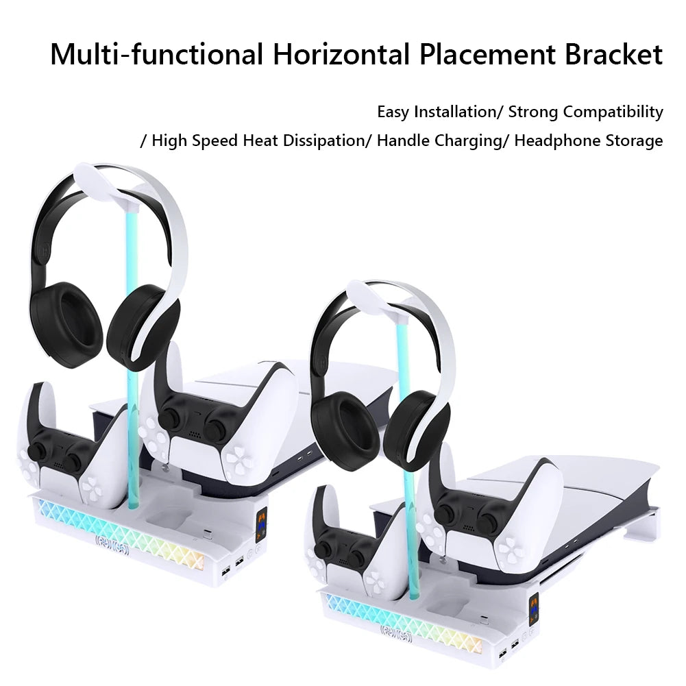 Horizontal Cooling Stand for Playstation 5 Slim Console Holder with Dual Controller Charger Stand Headphone Hanger for PS5 Slim