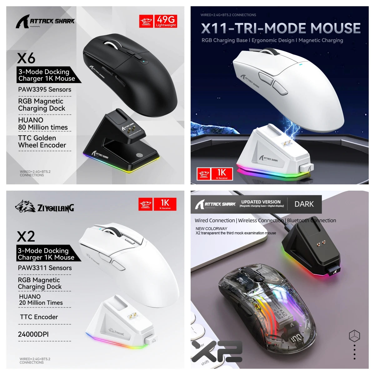 Attack shark X11/X6/X2/X2Pro Gaming Mouse Magnetic RGB PAW3395 Bluetooth Tri-mode Connection Gamer Wireless Mouse,DPI Adjustable