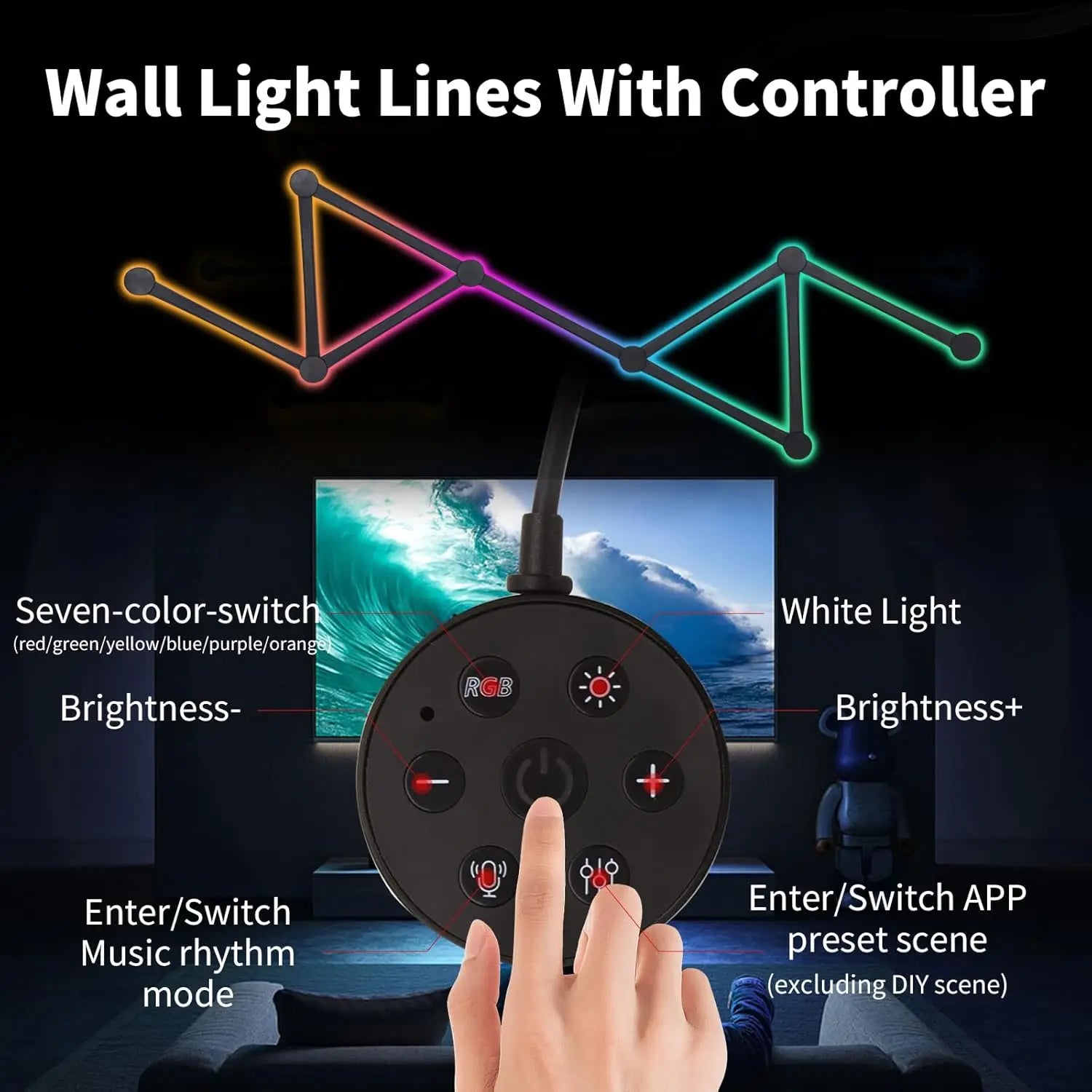 Smart RGB LED Wall Light Lines, Dimmable DIY Wall Gaming Light Music Sync for Gaming Room, Living Room (9 Pcs Black or White)