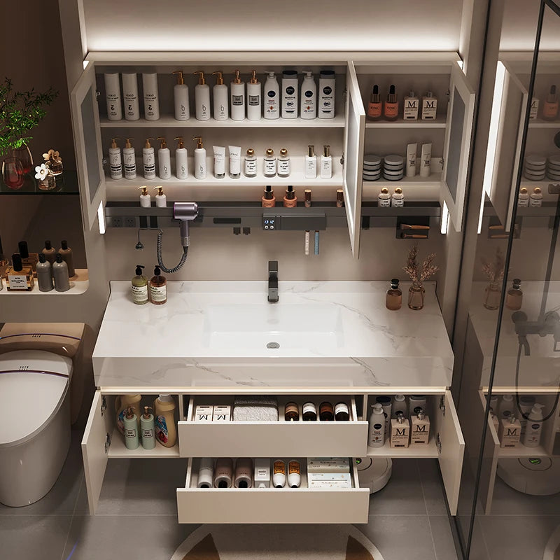 Einfache Luxus-Badezimmer-Waschtische Waschbecken Licht Eitelkeit Weiße Badezimmer-Waschtische Vintage-Spiegel Mobiletto Bagno Wohnmöbel