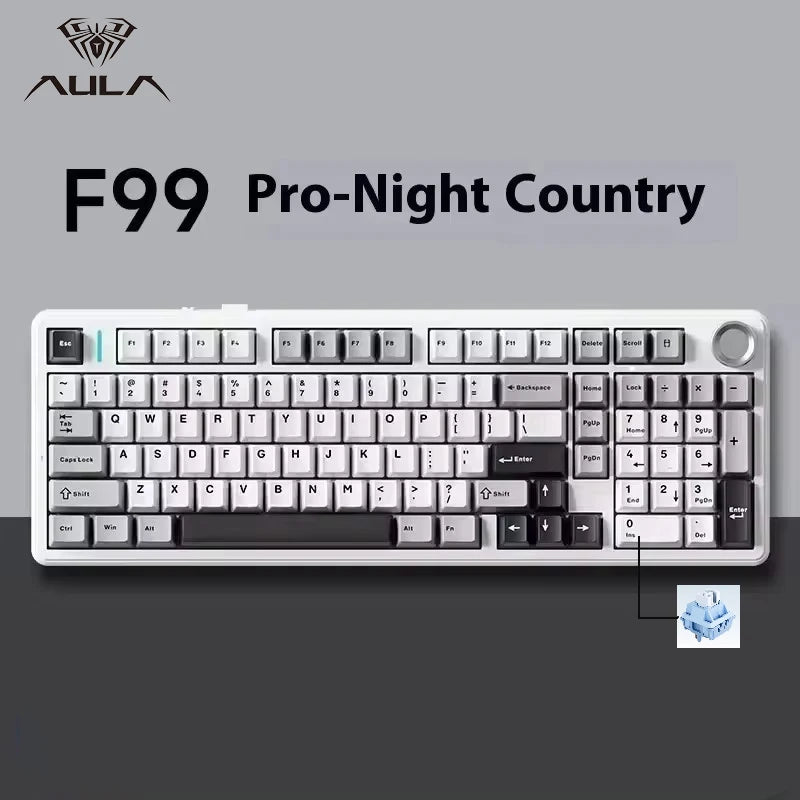 AULA F99PRO Gaming Mechanical Keyboard 99 Key Three Mode Wireless Hot Swappable Gasket Structure Custom Keyboard with Media Knob