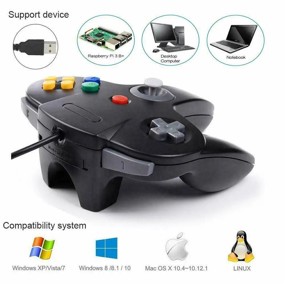 [USB Version] USB Controller for Classic N64 Games,Wired Gamepad Joystick for Windows PC Mac Linux Raspberry Pi 4 3