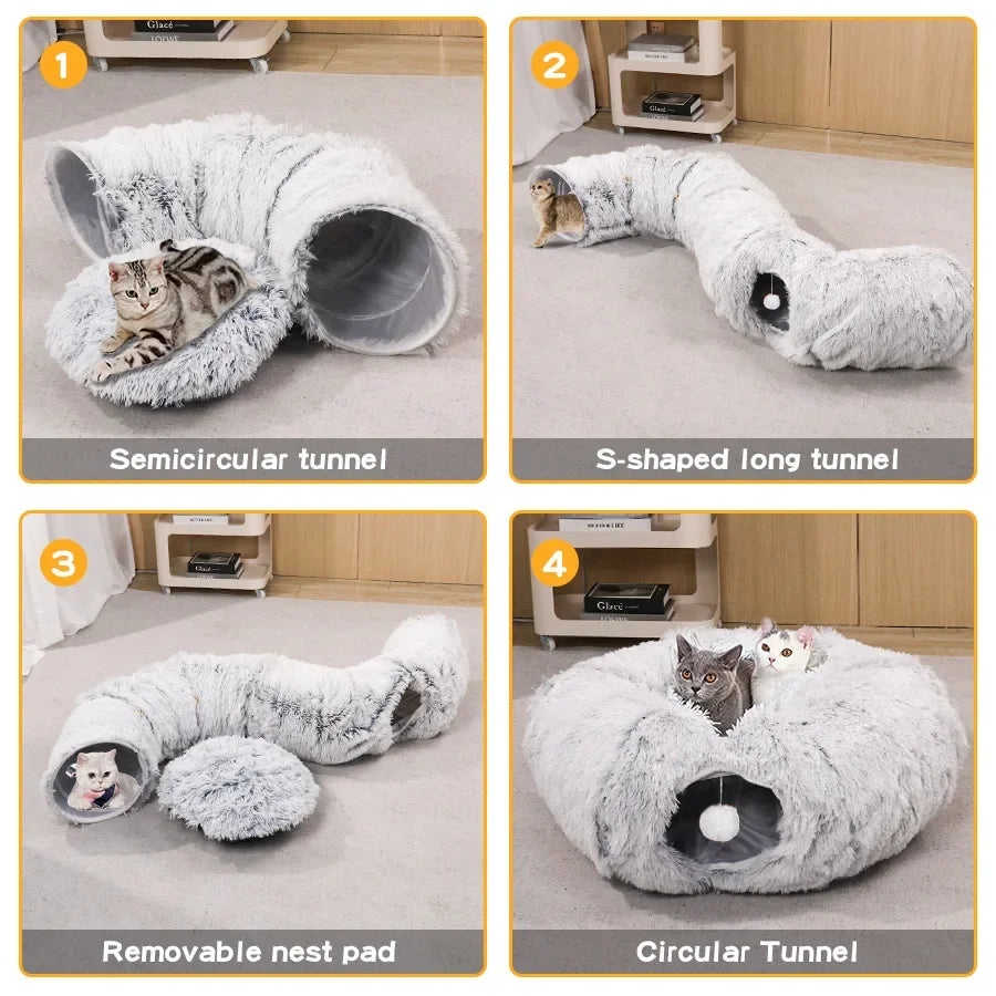3 in1 Plush Cat House Indoor Cats Tunnel Multifunctional Pet Toys Foldable Fluffy Donut Cat Bed Multiple Cats Available Tunnel