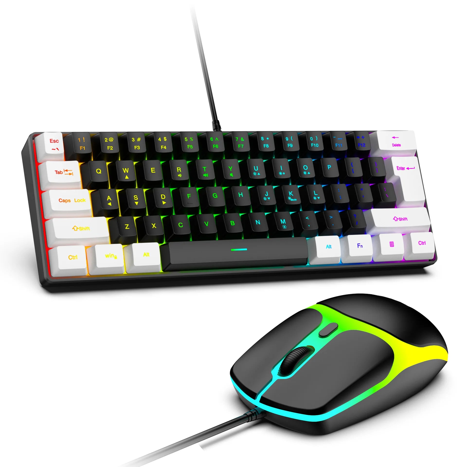 61 Tasten RGB Gaming-Tastatur-Maus-Set, kabelgebunden, bunt, Mini, kompakt, schwarz-weiß, Computer-Tastatur-Mäuse-Set für Büro-PC-Gamer