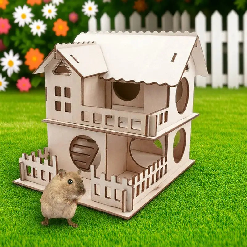 Hamsterhaus aus Holz, verdickt, langlebig, Naturholz, Haustierhaus für kleine Tiere, DIY-Dekoraufkleber, Kauvilla, Mäusehütte, Sommer