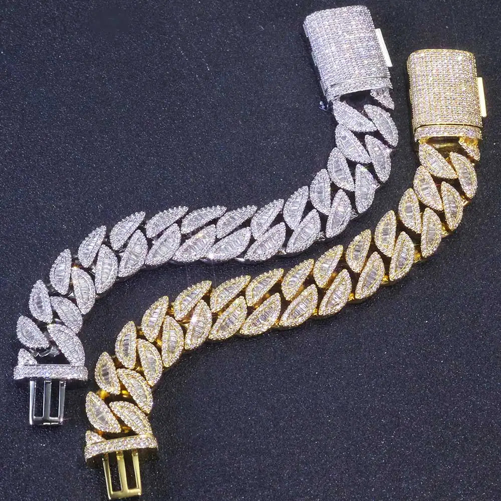 20MM 3 Rows Fashion Iced Cuban Bracelet Moon Shape Baguette Diamond Bracelets Men Women 18k Gold Plated Jewelry
