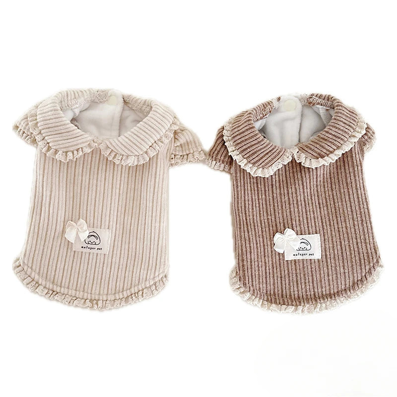 Gestreiftes Cord-Basishemd für Haustiere mit Herbst- und Winter-Samtkleidung, Puppenkragen, Bubble-Halbarm-Kapuzenpullover mit Spitze, Welpenkleidung
