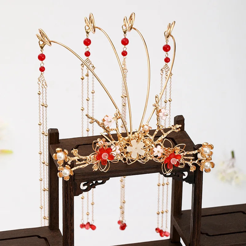 Chinese dress crown headdress auspicious wishful style flower phoenix design tassel TEN