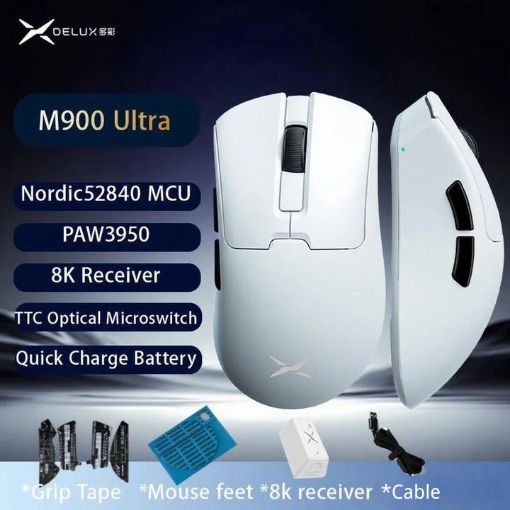 Delux M900PRO Ultra-light Version Wireless Gaming Mouse Ergonomic 1K/8K Polling Rate 50g PAW3395 for Right Big Hand PC Gamer