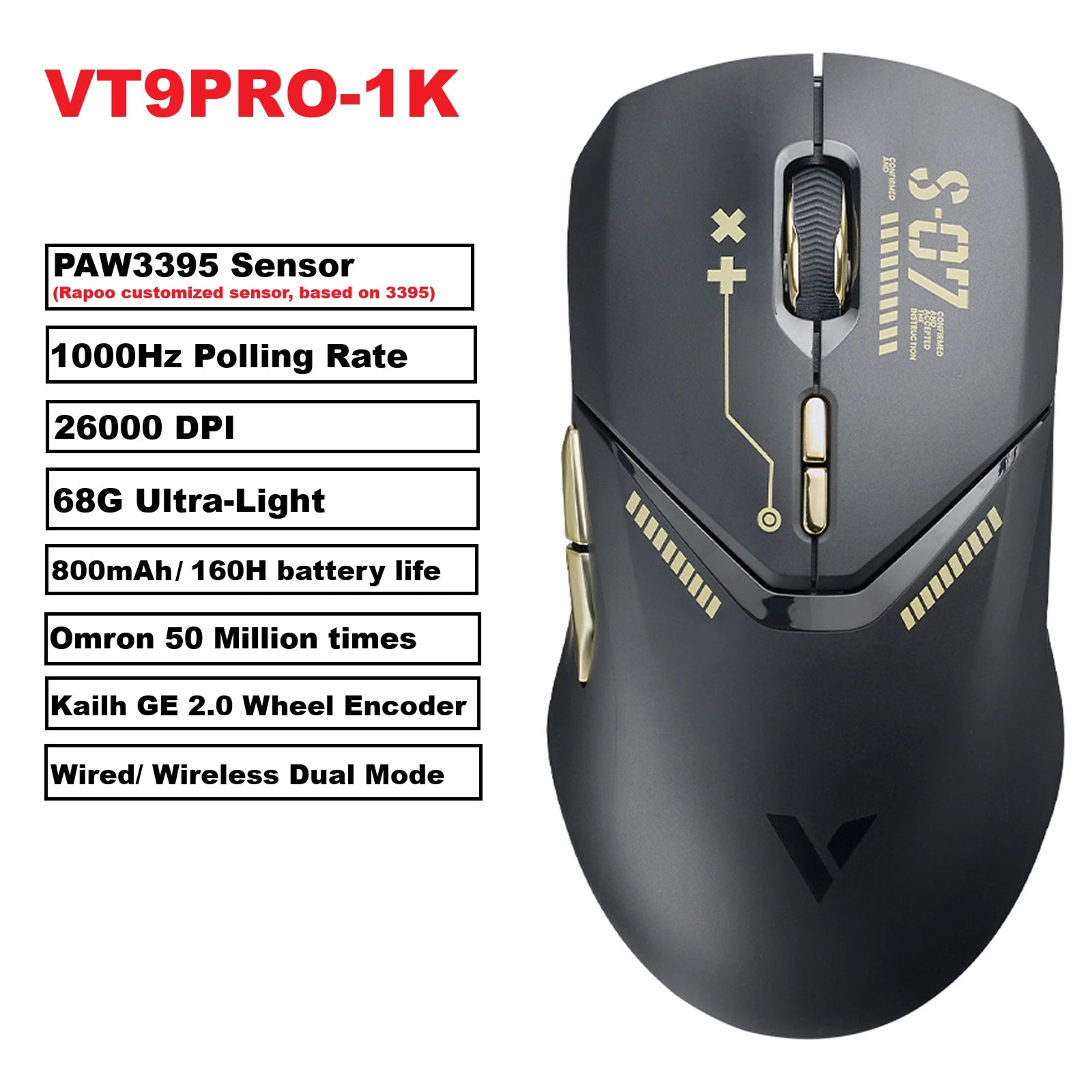 Безжична геймърска мишка Rapoo VT9PRO PAW3398, 26000DPI, 68g, лека, кабелна, безжична мишка, 160H, супер дълъг живот на батерията