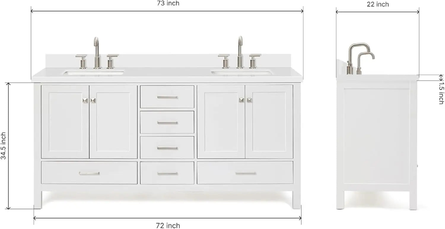 Cambridge White Double Sink Bathroom Vanity 73" with 1.5" Edge Pure White Quartz Countertop & Splash, Rectangle Sink