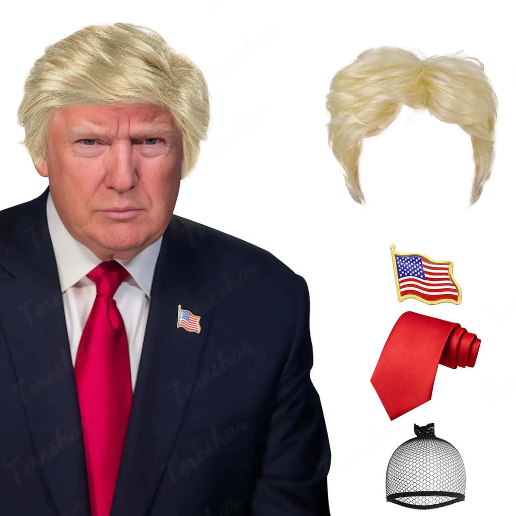Synthetic Blonde Costume Wig for Adults With Funny Stickers Mens Layered Heat Resistant Wigs Famous People Cosplay Wigs
