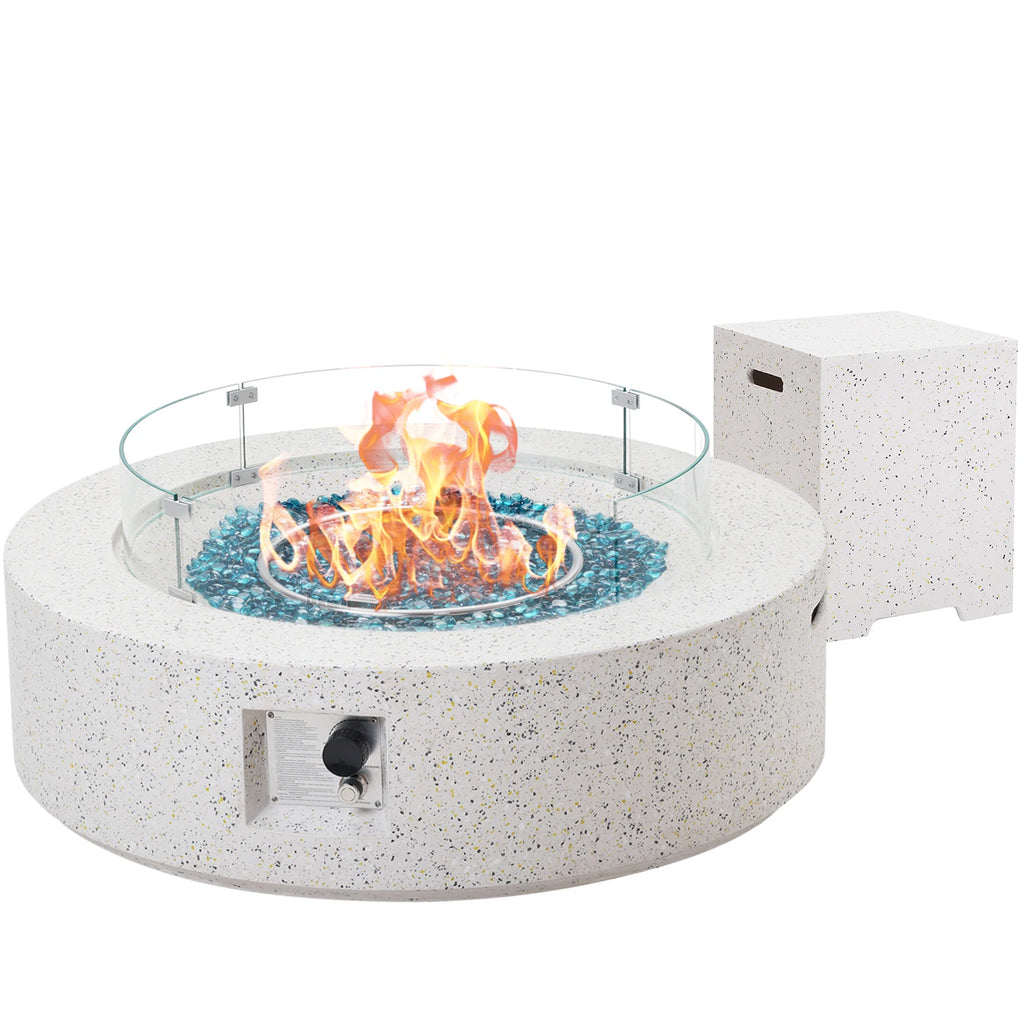 56 x 28 Zoll große graue Feuerstelle, Propan-Feuertisch-Set für den Außenbereich, rechteckiger Beton (50.000 BTU) mit 20 lb Tanktisch, Windschutz