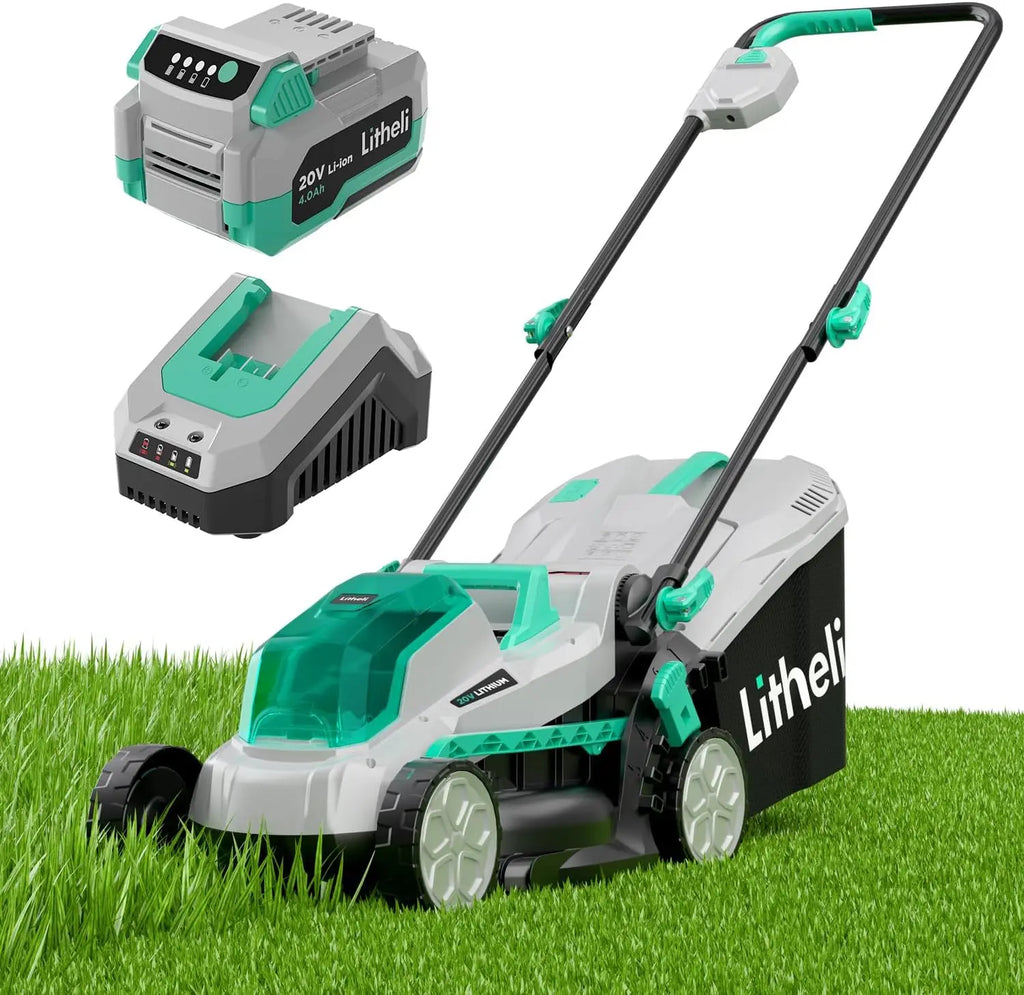 20V 13" Cordless Lawn Mower, Electric Lawn Mowers for Garden, Yard and Farm, 5 Heights, with Brushless Motor, 4.0Ah Battery & Ch