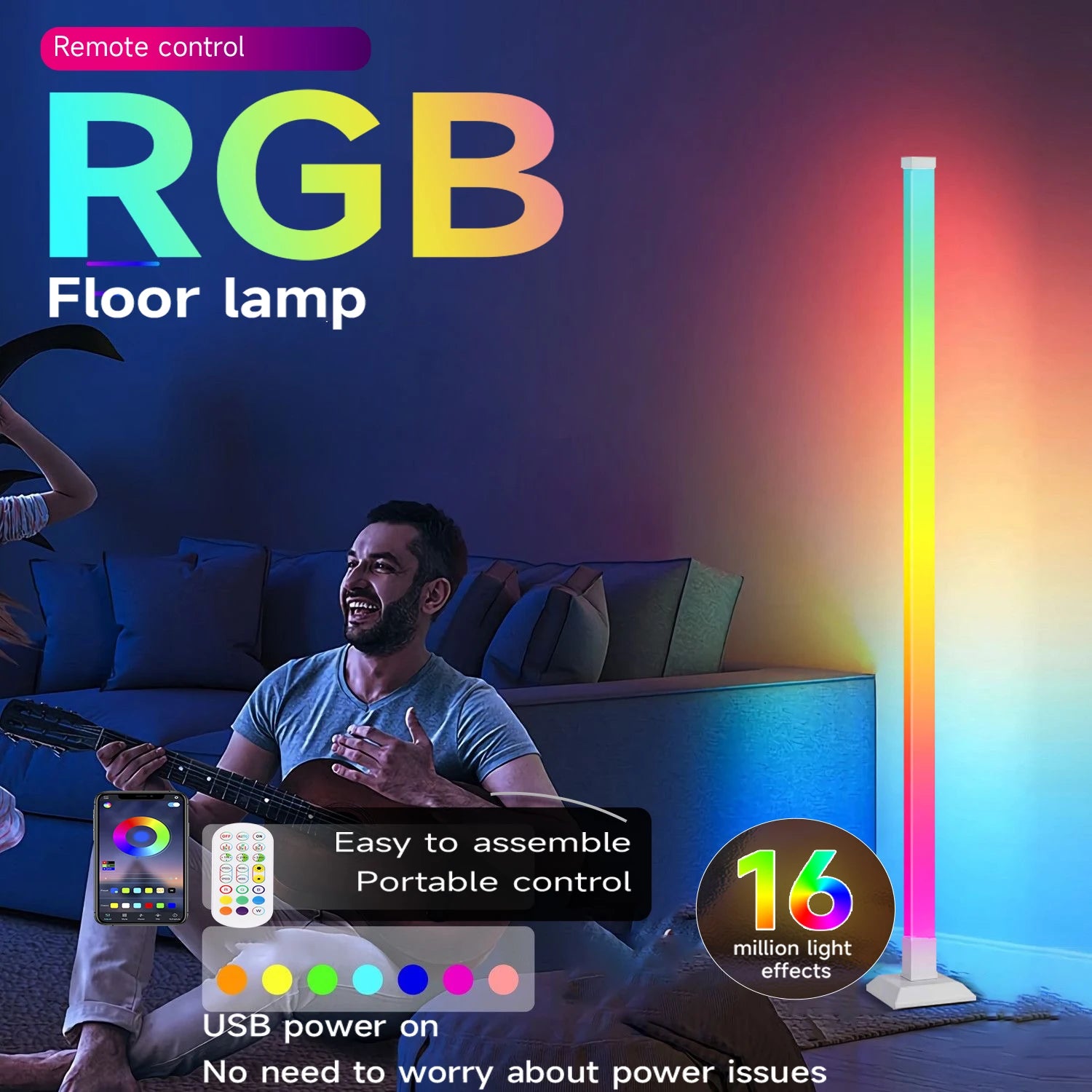 RGB LED smart modern floor lamp 150CM Floor Lamp 16 million DIY color change suitable for gaming room party Dimmable Soft Light