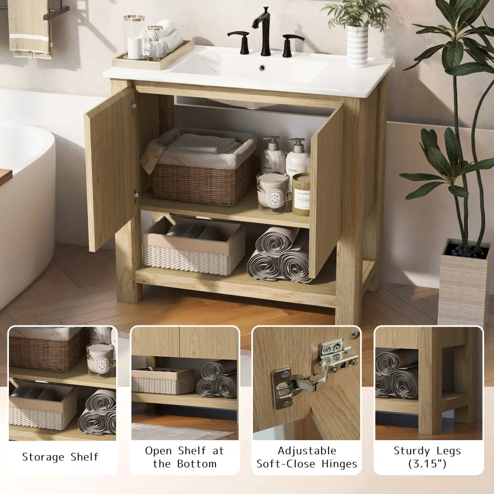 36" Modern Bathroom Vanity with Rectangle Ceramic Sink, Bathroom Cabinet with Large storage space and 45 Degrees Free-Handle