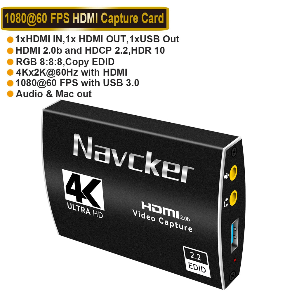 Navceker 4K Pro USB 3.0 Video Capture Card HDMI-compatible 1080P 60fps HD Video Recorder Grabber For OBS Capturing Game Live