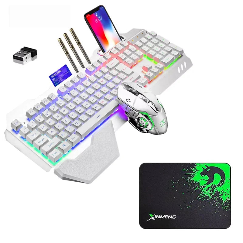 Безжичен комплект геймърска клавиатура и мишка, с подсветка Rainbow/RGB, презареждаща се клавиатура и 7-цветна геймърска мишка с безшумен звук и подложка